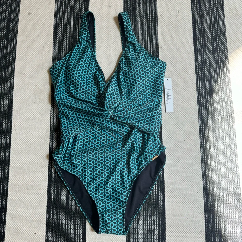 Nicole Miller New York Womens One Piece Twist Front Plunge in Green Tile Size 1x